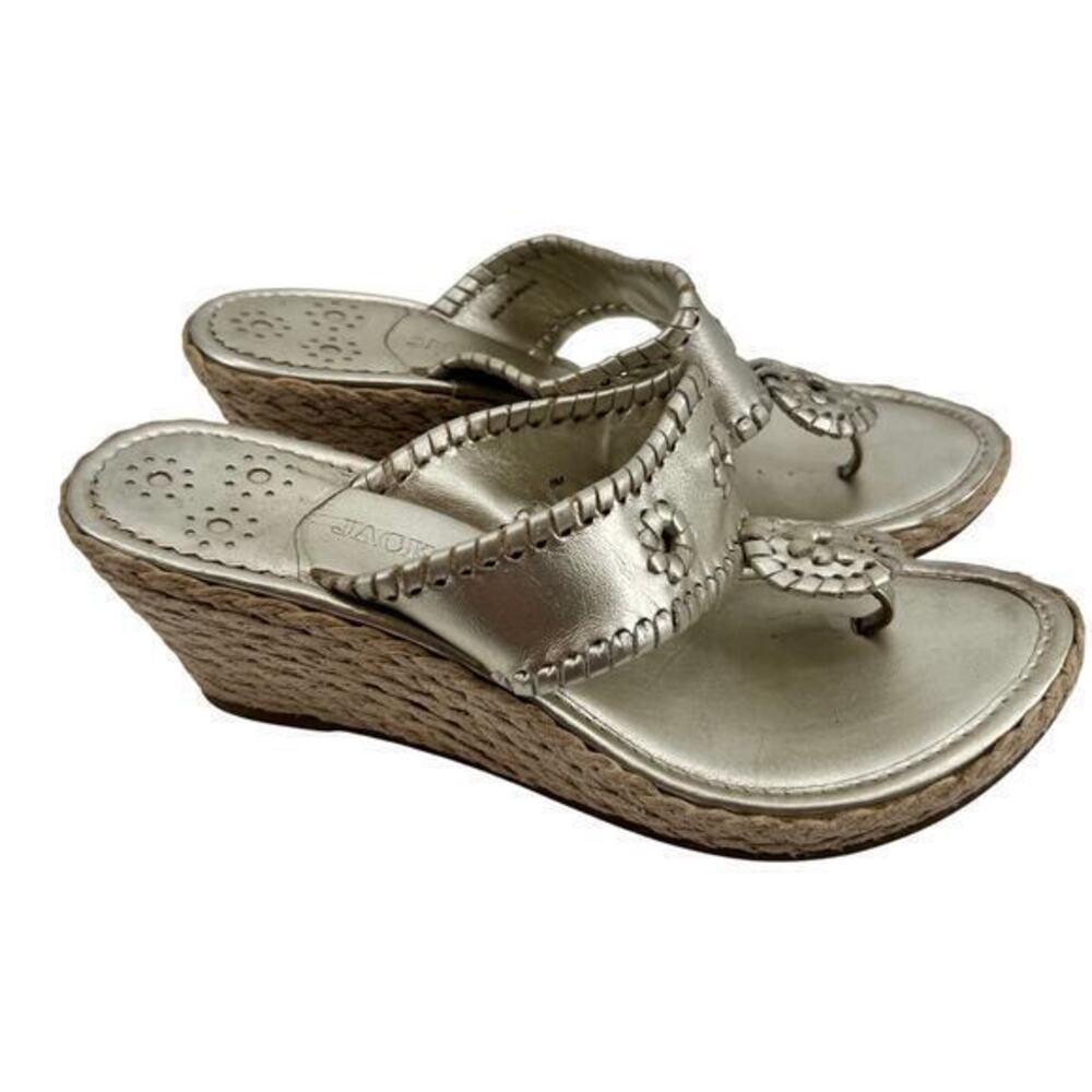 Jack Rogers Marbella gold leather espadrille wedge thong flip flop sandal size 8